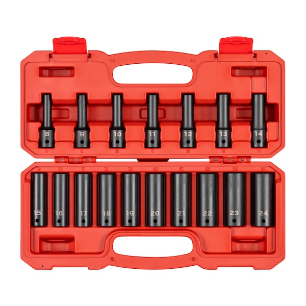 Tekton 1/2 Inch Drive Deep 12-Point Impact Socket Set, 17-Piece (8 - 24 mm) SID92339 - main